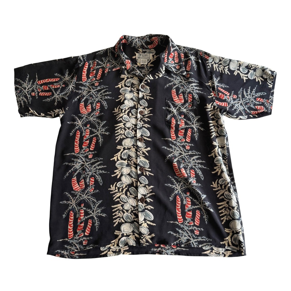 Avanti Hawaii 100% Silk Coconut Palm Black Tropical Aloha Camp Shirt M‎